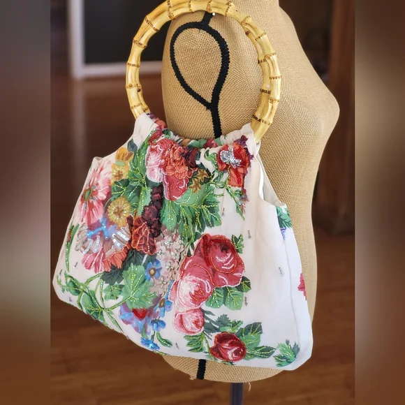 Christiana Rayon Floral Beaded Tote With 2 Bamboo Top Handles Large - Picture 2 of 14